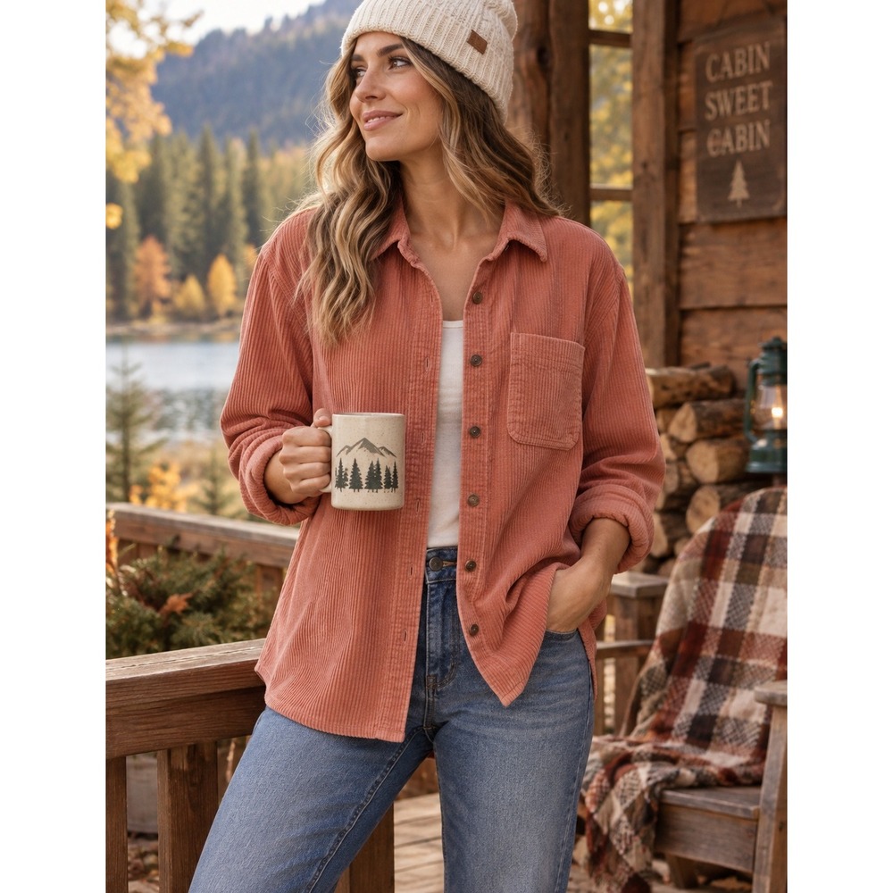 L.L.Bean Women's Comfort Corduroy Relaxed Shirt Adobe Rose M Wide Wale Cabincore